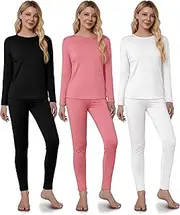 [VZV] 3 Set Thermal Underwear for Women, Base Layer Long Sleeve Thermals with Fleece Lined Thermals Top and Bottom Set