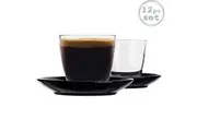 Duralex 12 Piece Gigogne Glass Coffee Cup and Ceramic Saucer Set - Modern Style Tumbler Mug for Latte Cappuccino - Black - 220ml