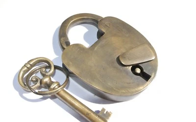 Padlock old strong Vintage stye antique solid brass skeleton 2 key heavy 3"