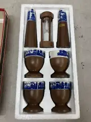 Vintage Breakfast Set 4 Wood Base Egg Cups, Salt & Pepper Shakers, Egg Timer