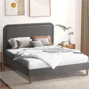 Oikiture Bed Frame Queen Size Beds Base Platform Fabric Grey BOB