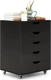 Giantex 5-Drawer Chest of Drawers, Wooden Dresser Chest, Mobile Lateral Filing Cabinet with Wheels, Uder Desk Drawer Tallboy Cabinet for Home Office Living Room (Black)