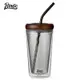 BINCOO 咖啡杯 胡桃木蓋子吸管杯 辦公室水杯 高檔玻璃杯 雙層防燙杯子 500ML
