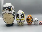 Owls Nesting Dolls Stacking Doll 5 in 1 Gold White Hand Painted Wood