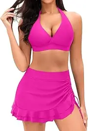 [Yonique] Womens High Waisted Bikini with Skirt Two Piece Swimsuit with Tummy Control Halter Bathing Suit