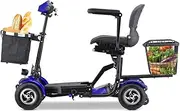 2025 Compact Folding Mobility Scooter with 24V Lithium Battery, 150KG Capacity, 35KM Range, Lightweight and Portable with Safety Features and Removable Baskets (Blue with basket)