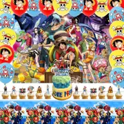 One Piece Theme Party Decorating Set - Birthday Backdrop Banner Latex Balloons Birthday Cake Cupcake Toppers Tablecloth