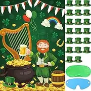 Hooqict St. Patrick's Day Party Game Set: Pin The Hat on The Leprechaun Game - Large Poster, 20 Green Hat Stickers, 2 Blindfolds - Kids Party Game for St. Patrick's Day Celebration