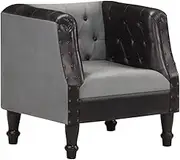 Tub Chair, Black Real Leather & Canvas, Solid Mango Wood Legs, Industrial Rivet Design for Living Room