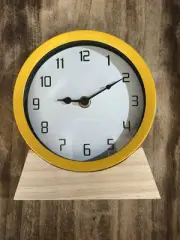 New Yellow Framed Mantle Shelf Clock Wood Base 7 In Tall Battery Operated