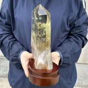 4.73LB Top Natural Quartz Obelisk Point Smokey Citrine Crystal Tower Wand+Stand