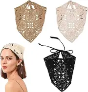 [Aswewamt] 3Pcs​ Crochet Bandana Headbands, Vintage Knitted Head Scarf Hair Scarf Headband Crochet Headscarf Triangle Scarf for Women Girls, Black Beige Khaki