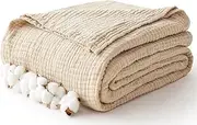 Kozyhvn Cooling Throw Blanket Twin XL 66" x 90", 6 Layers Muslin Blankets 100% Cotton, Breathable and Lightweight Twin Blanket for Bed, Soft Bedspread, Gauze Bedding for All Season, Beige Linen