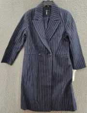 AQUA Wool Blend Double Breasted Coat Women's L Navy/Pinstripe Long Sleeve Lined