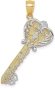 [JewelryWeb] 14ct Yellow Gold Textured Polished Rhodium Plated I Love You Key Pendant Necklace 35x24mm Wide