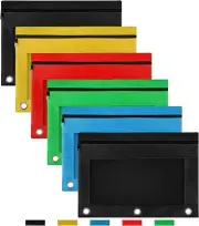 6 Pack Multicolor Pencil Binder Pouch for 3 Ring Binder w/ Zipper & Clear Window