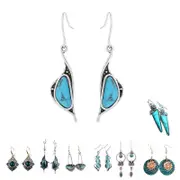 Retro Boho Turquoise Flower Earrings Hook Moonstone Dangle Drop Sapphire Women