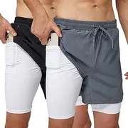 [frueo] 2 Pack 2 in 1 Running Shorts Men Quick Dry Lightweight Sport Athletic Gym Shorts Men with Zipper Pocket Compression Base Liner Workout