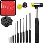 [GUDAJIN] Pin Punch Kit, 14-Piece Disassembly Repair Tool with Storage Bag, Rubber Double-Sided Hammer, Includes Universal Block, Pin Punch and Hammer (Black)