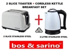 2 Slice Stainless Steel WHITE Bread Toaster 600W Wide Slots & 2L Cordless Kettle