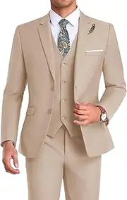 [Mrbuerly] Men Suit 3 Pieces Slim Fit, Groomsmen Business Jacket Vest Pant with Tie 2 Buttons Prom Tuxedo Xs/3630, Beige, 5X-Large