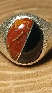 NATURAL RED COLORADO DINOSAURE BONE & WASHINGTON BLACK JADE STERLING RING