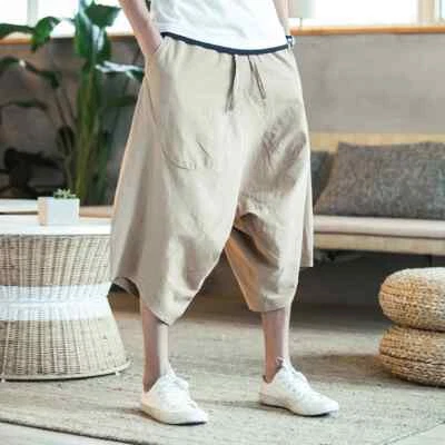 New Men Harajuku Harem Pants Mens Summer Cotton Linen Joggers Deep Pocket Shorts