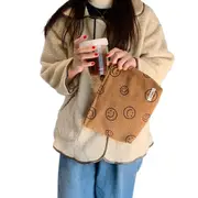 Corduroy Makeup Bag Cute Smile Dots Face Case Handbag with Zipper for Women-Brown