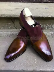 Handmade Men's Leather Brown Burgundy Color Suede Monk Strap Fashion Shoes-458