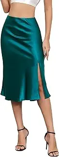 [Alcea Rosea] Women Satin Split Side Midi Skirt Elastic Waist Fishtail Silky Skirt Work Party Pencil Bias Cutting Skirt