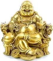 Fengshui Buddha Statue for Lucky & Happiness God of Wealth,Laughing Buddha on Emperor`s Dragon Chair,Brass Buddhist Statues and Sculptures Home Decor Congratulatory Gifts (Large)