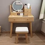 LTINGNG Solid Wood Dressing Table, Dressing Table Set with Adjustable LED Mirror, with Solid Wood Stool, Multi-Tier Storage, Small Footprint, Suitable for Bedroom(Original Wood,31.5in)