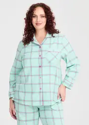 [Taking Shape] Taking Shape Flannelette Grid Pyjama Shirt Size 26 in ICE Green Check, Cotton - Plus Size Women's Clothing Ice Green Check