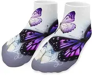 [QMNVBDS] White Purple Butterflies Socks Ankle Length Socks Casual Short Socks for Women Men Low Cut Sports Socks Running Socks No Show Socks Ankle Socks Athletic Socks Workout Socks, Style, One Size