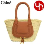 Auth Chloe Marcie Tote Bag G58 Tan Raffia Grain Calf Leather Large Capacity