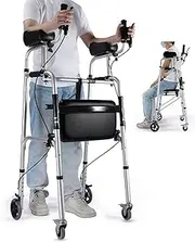 Rolling Walker Foldable Standard Walker Folding Walker With Wheels Lightweight Aluminum Alloy Rehabilitation Auxiliary Walker With Wheels And Removable Padded Armrests