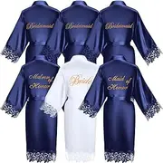 Coume 6 Pcs Bridesmaid Robes Bride Robe with Lace Trim Embroidered Bride Bridesmaids Satin Robes Silk Wedding Party Bathrobes