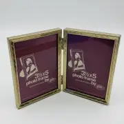 Embossed Metal Picture Frames Bi-fold Hinged Gold Brass Frames 3" x 5" w/ Glass