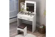 Dressing Table & Stool Set with Shelves and Lighted Mirror White