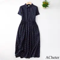 在飛比找momo購物網優惠-【ACheter】印花襯衫式復古文藝短袖長款連身裙洋裝#11