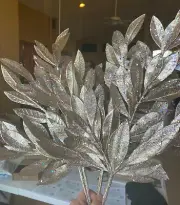 23" Glittered bay leaf spray, champagne metallic leaf stems, gold foliage stem