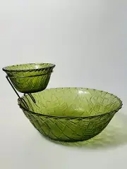 Indiana Glass Chip & Dip Bowl Basket Weave Vintage Avocado Green In Original Box