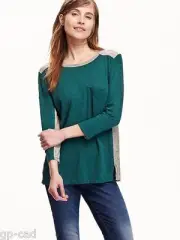 NWT Old Navy 100% Cotton Varsity Green Gray Tee Shirt Women's Relaxed Top Size M