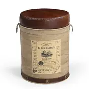French Vintage Ottoman � Round Canvas & Leather Stool with Chateau Print
