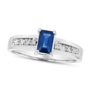 Emerald-Cut Blue Sapphire and 0.17 CT. T.W. Natural Diamond Channel Engagement Ring in Solid 14K White Gold