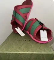NEW AUTH Gucci Agrado Rubber Web Stripe Slides Sandals Coral New Sham EU39 US8.5