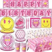 143pcs Preppy Birthday Decorations-Pink Smiley Face Birthday Plates Napkins Tablecloths Emoji Birthday Decorations Tableware for Preppy Birthday Smiley Face Y2k Party Decorations