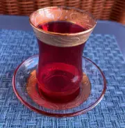 Set of 6 Turkish Moroccan Glass Tea Cups Saucers Guven Kristal Red & Gold NIB