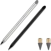 WedFeir 2pcs Metal Inkless Pencil with 2 Replaceable Nibs,Metal Pen Erasable Metallic Reusable Everlasting for Writing Drawing Home Office School Supplies (Black & Silver).