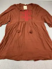 Knox Rose Peasant Dress Womens size XL Brown Embroidery Tassels Boho Lagenlook